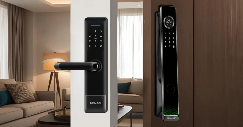 Comparison of Lever Handle vs Push-Pull Handle for smart locks, highlighting design and usability differences