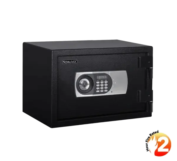 Novalock NFM 300-2 fire-resistant safe box with PIN and mechanical key backup.