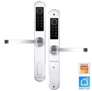 Novalock NVM 95-G Smart Lock Stainless Steel waterproof smart gate lock with fingerprint, RFID card, password, and mechanical key backup for extra security.