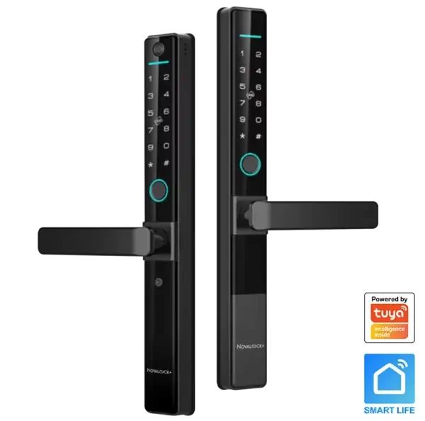 NVM 63-G Smart Grille Gate Lock in sleek black finish with dual fingerprint, RFID, PIN access, and built-in Wi-Fi.
