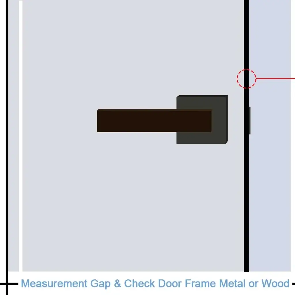 Close-up view of the gap between door and frame to check clearance for smart lock installation.